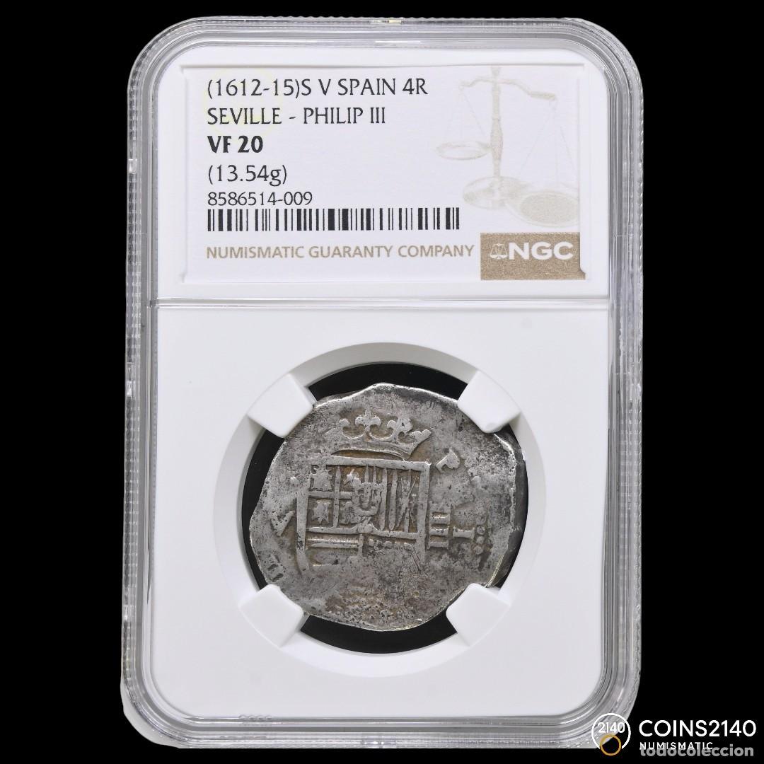 Monedas de Espa&ntilde;a: Felipe III (1598-1621). 4 reales. 1613-15. Sevilla. V. (AC-813). (Jarabo-Sanahuja-B408). 13,54g.