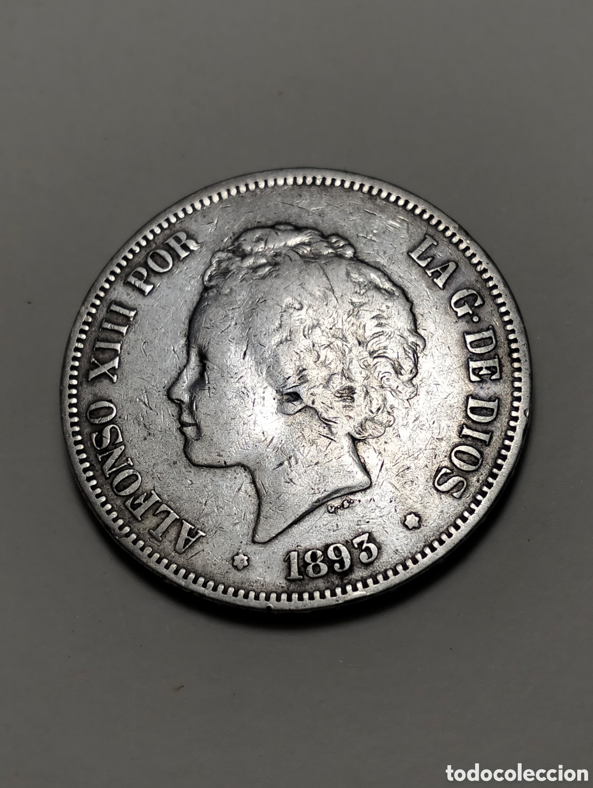 Coins of Spain: 1893**ALFONSO XIII. 5 PESETAS. P.G.L. PLATA