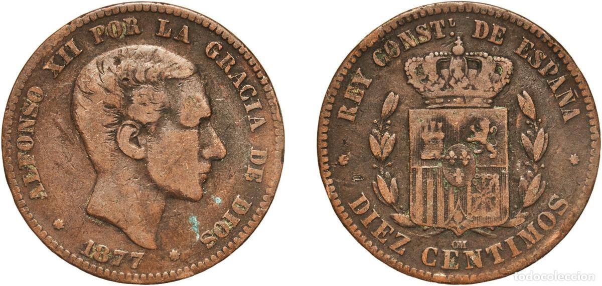 Monedas de Espa&ntilde;a: Spain Kingdom 1877 OM 10 Centimos - Alfonso XII Bronze (95% copper, 4% tin, 1% zinc) Barcelona Min
