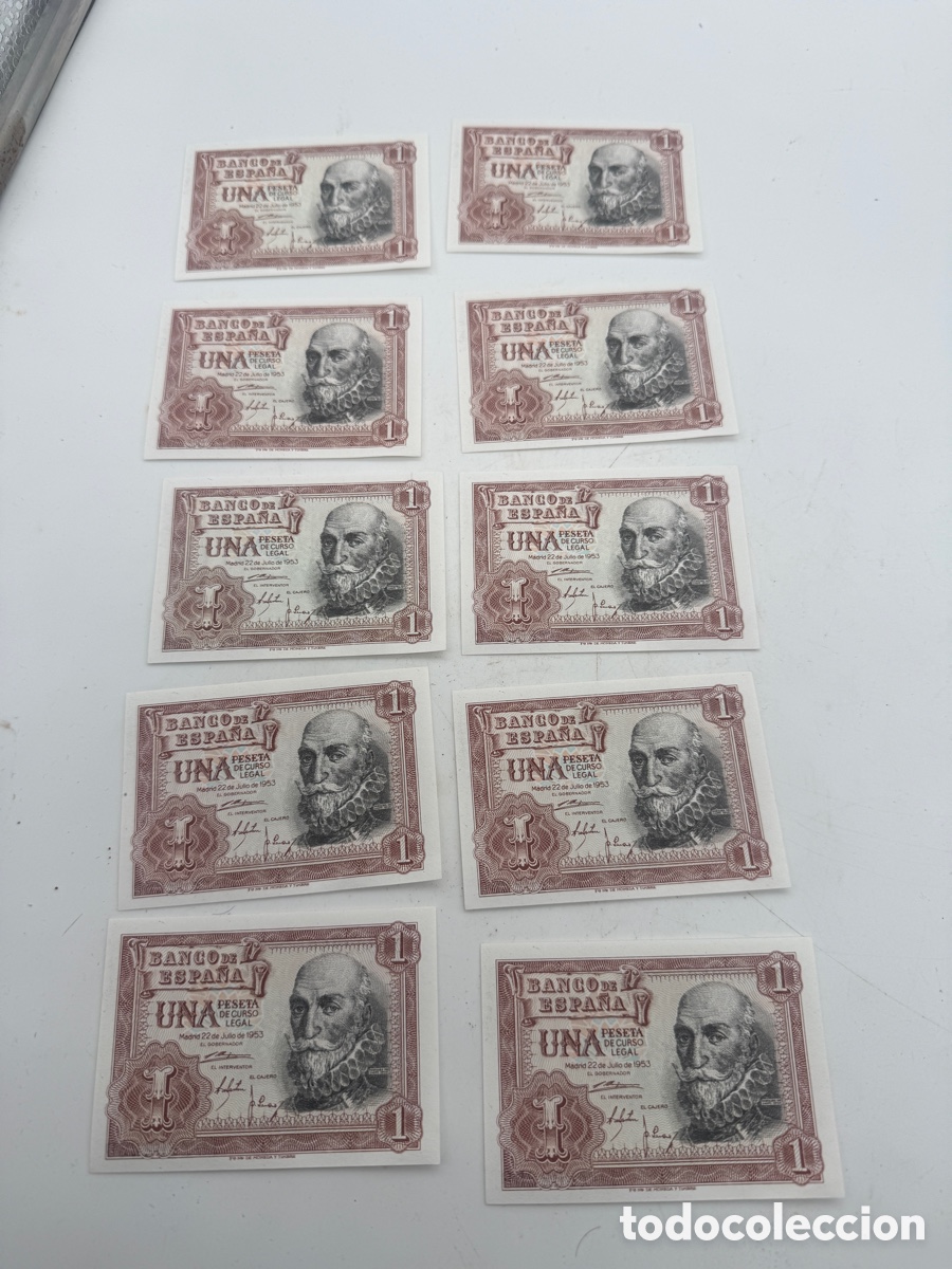 Monedas de Espa&ntilde;a: Lote de 10 billetes correlativos de 1 peseta de 1953 &mdash;, serie 1D &mdash; Sin circular