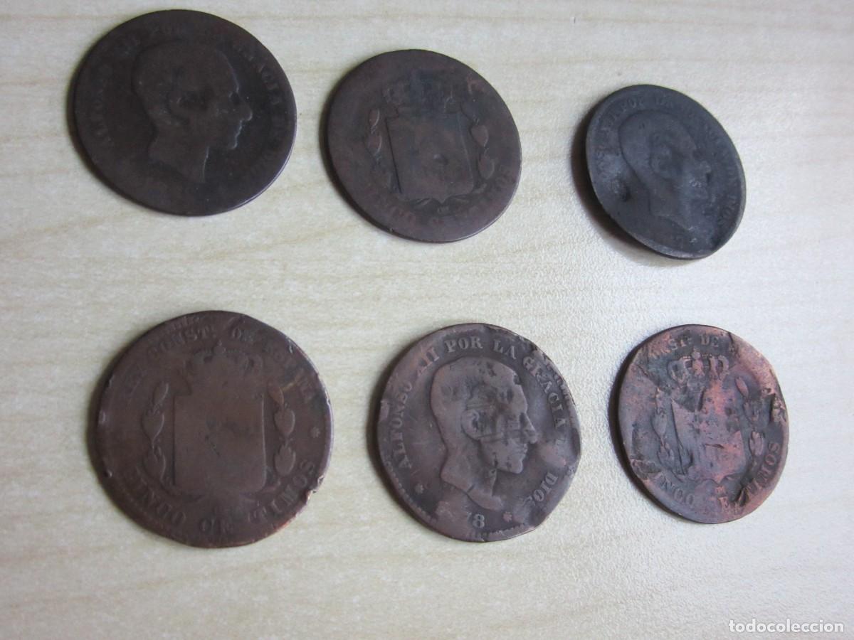 Monnaies d'Espagne: 6 monedas de 5 c&eacute;ntimos Alfonso XII emitidas en 1877, 1878,1879