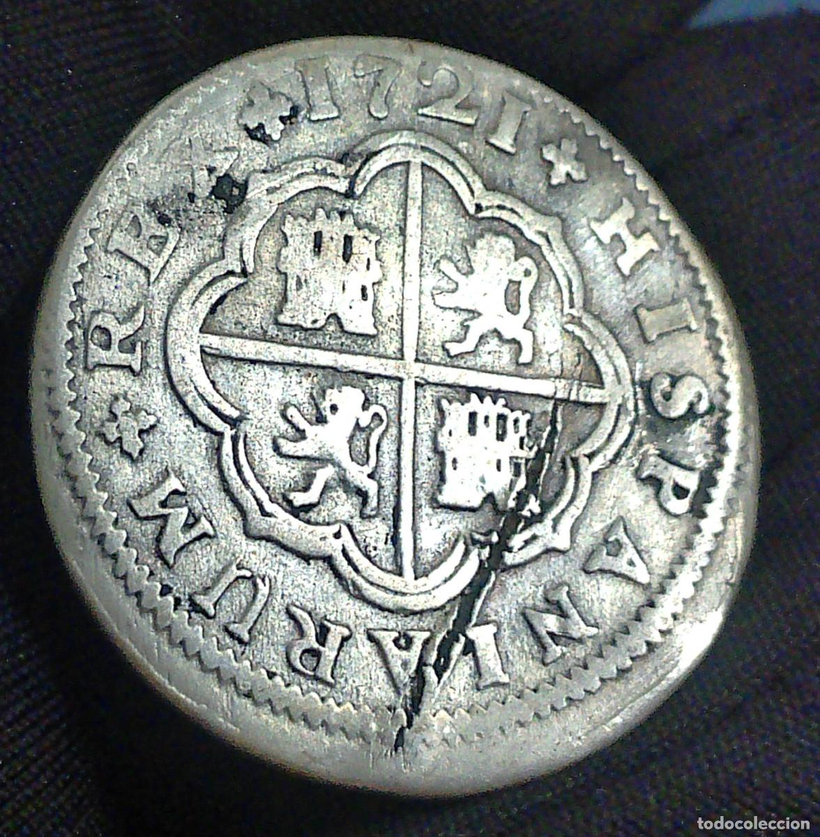 Monedas de Espa&ntilde;a: moneda 2 Reales Felipe V de Espa&ntilde;a 1721 Sevilla cruz Plata