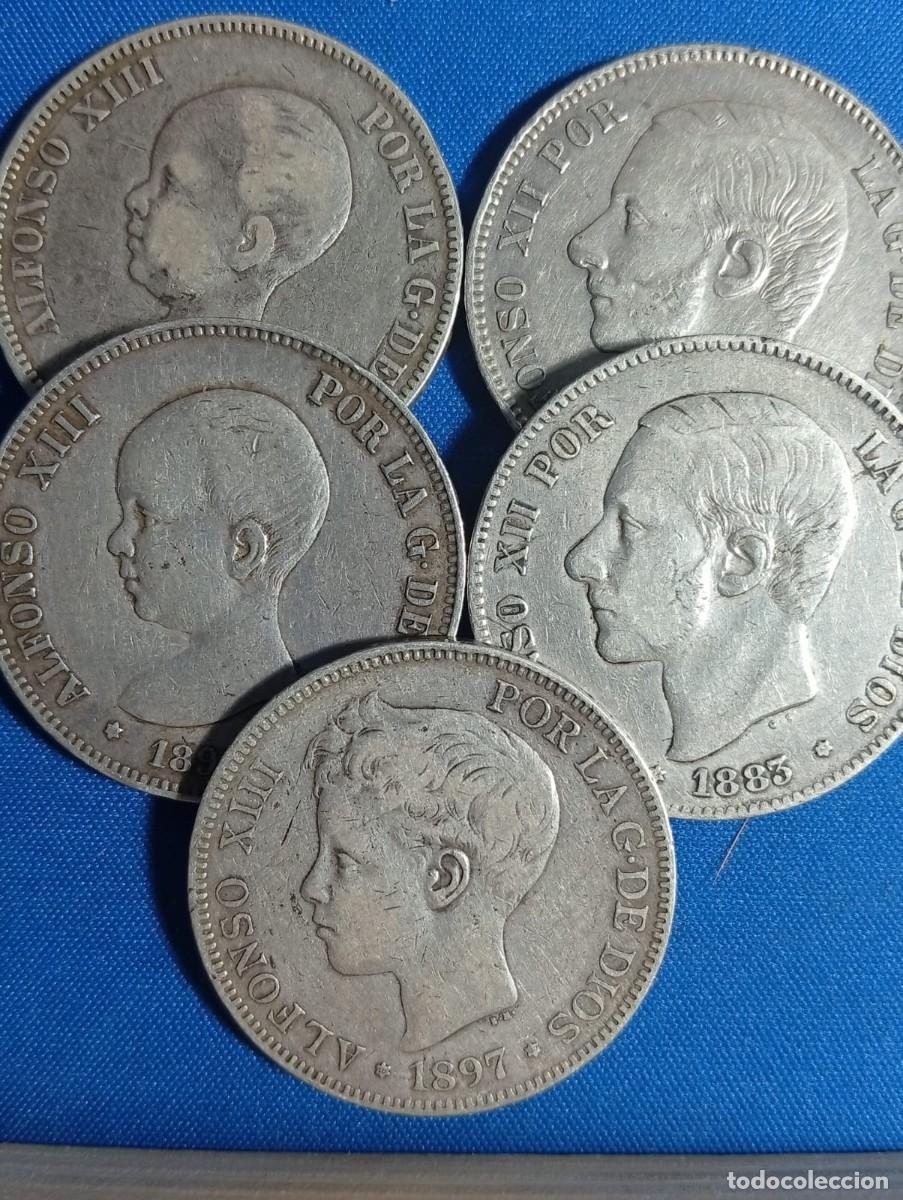 Monedas de Espa&ntilde;a: Lote de 5 Duros de plata 900. ( 5 Ptas ) Alfonso XII y XIII. Varios a&ntilde;os.