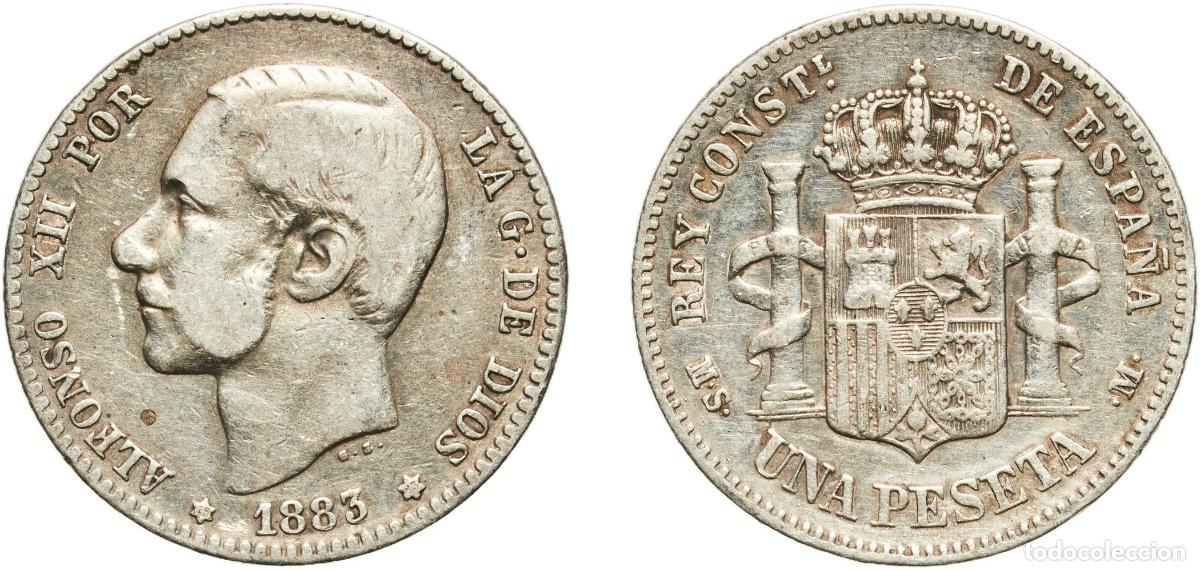 Monedas de Espa&ntilde;a: Spain Kingdom 1883 18-83 MSM 1 Peseta - Alfonso XII (2nd portrait) Silver (.835) Madrid Mint (8445