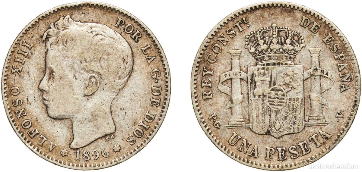Monedas de Espa&ntilde;a: Spain Kingdom 1896 18-96 PGV 1 Peseta - Alfonso XIII (3rd portrait) Silver (.835) Madrid Mint (641