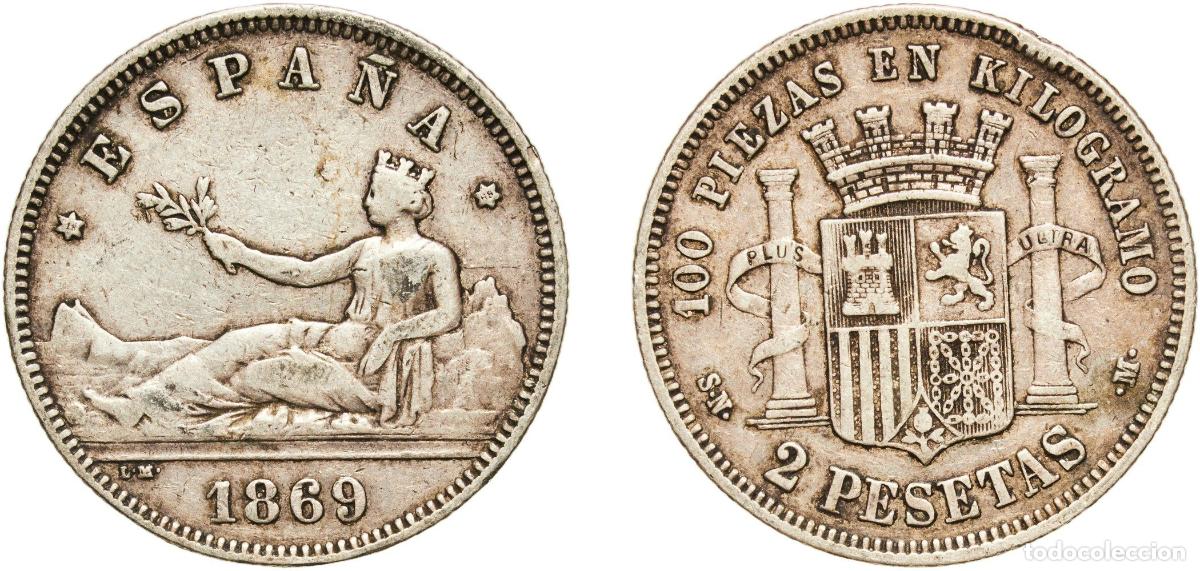 Monedas de Espa&ntilde;a: Spain Provisional Government 1869 18-69 SNM 2 Pesetas - Provisional Government Silver (.835) Madri