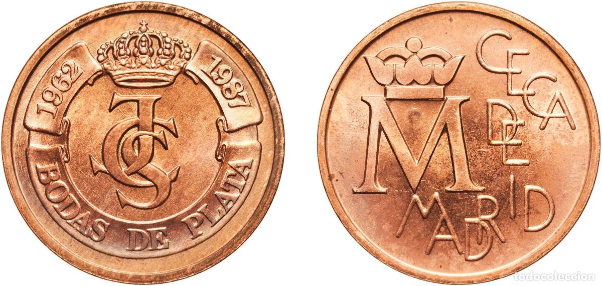 Monedas de Espa&ntilde;a: Spain Kingdom 1987 M Medal - XXV anniversary of royal wedding Copper Madrid Mint 14.84g UNC