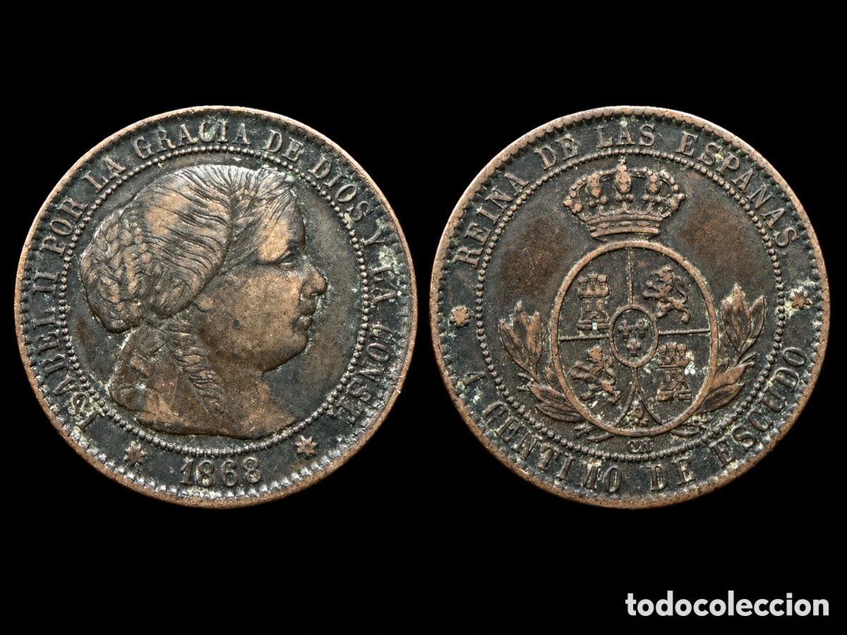Monedas de Espa&ntilde;a: 1 c&eacute;ntimo de escudo. Isabel II. 1868