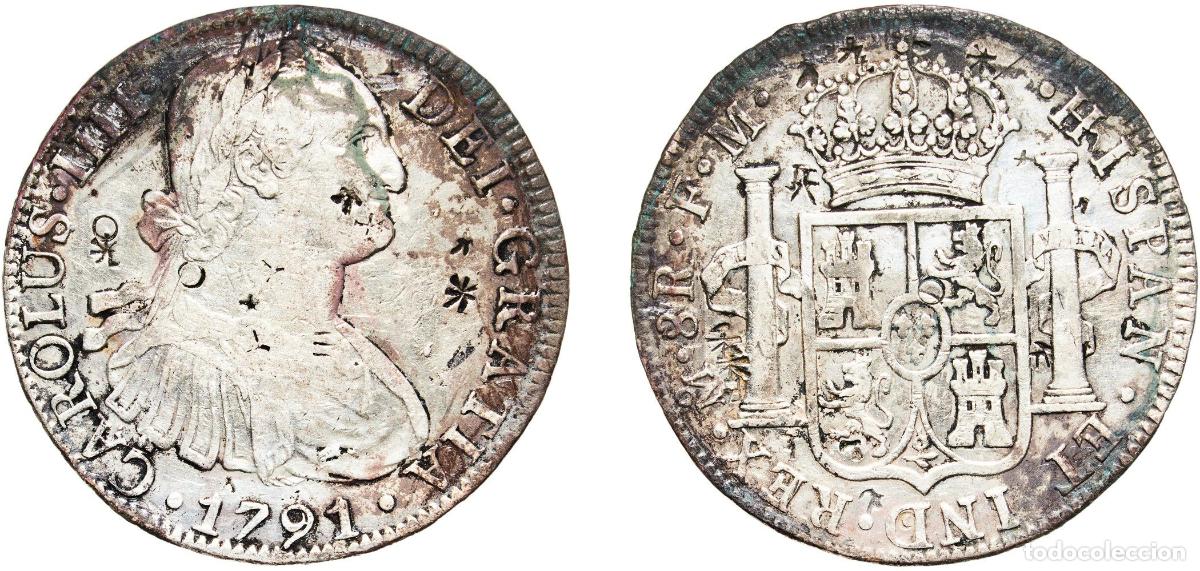Monedas de Espa&ntilde;a: Mexico Spanish colony 1791 Mo FM 8 Reales - Carlos IV Silver (.896) Mexican Mint 26.92g VF Chopmark