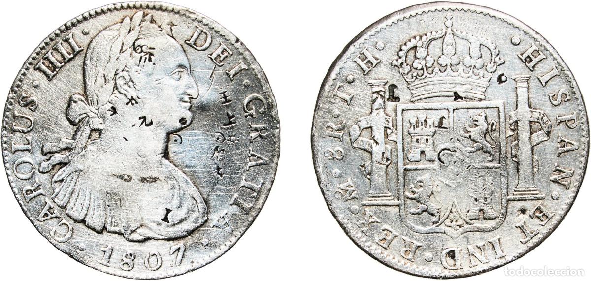 Monedas de Espa&ntilde;a: Mexico Spanish colony 1807 Mo TH 8 Reales - Carlos IV Silver (.896) Mexican Mint 26.72g VF Chopmark