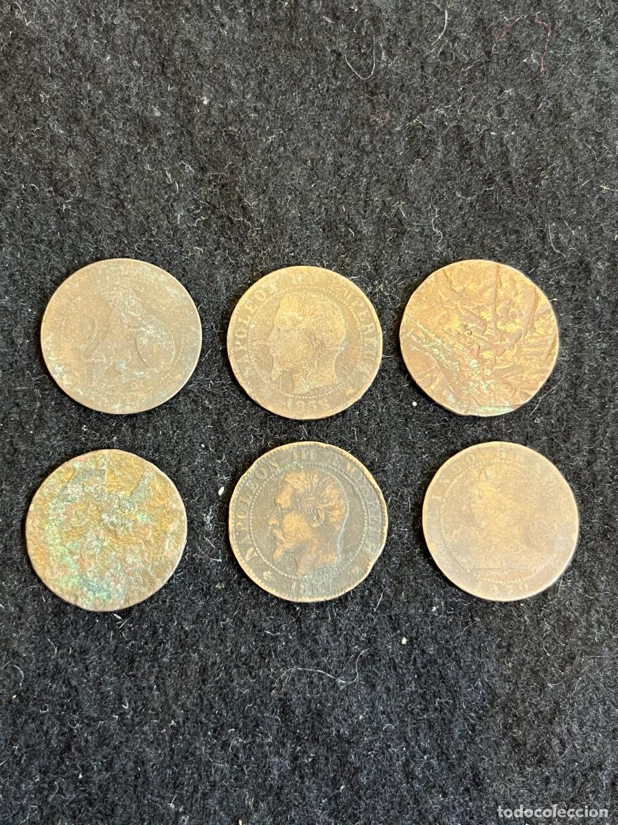 Moedas de Espanha: Lote 6 monedas antiguas Espa&ntilde;a y Francia siglo XIX &ndash; Napole&oacute;n III, Alfonso XII y monedas sin identif
