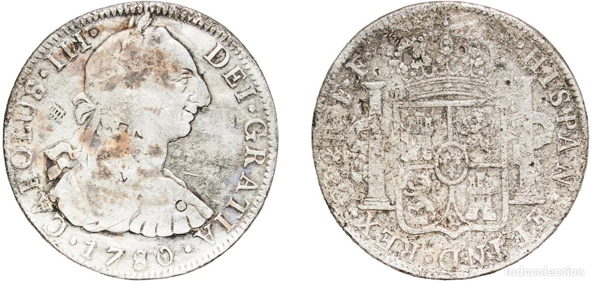 Monnaies d'Espagne: Mexico Spanish colony 1780 Mo FF 8 Reales - Carlos III Silver (.903) Mexican Mint 25.27g VF Corross