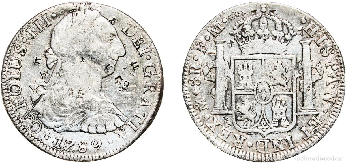 Coins of Spain: Mexico Spanish colony 1789 Mo FM 8 Reales - Carlos III Silver (.896) Mexican Mint 26.76g VF KM 106