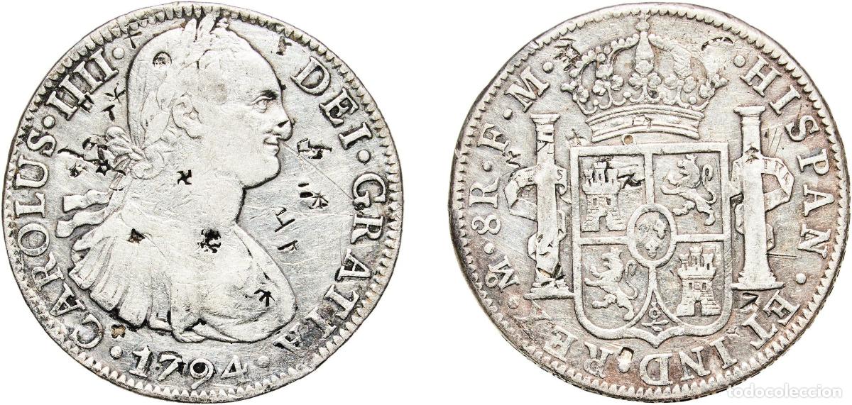 Monedas de Espa&ntilde;a: Mexico Spanish colony 1794 Mo FM 8 Reales - Carlos IV Silver (.896) Mexican Mint 26.69g VF Chopmark