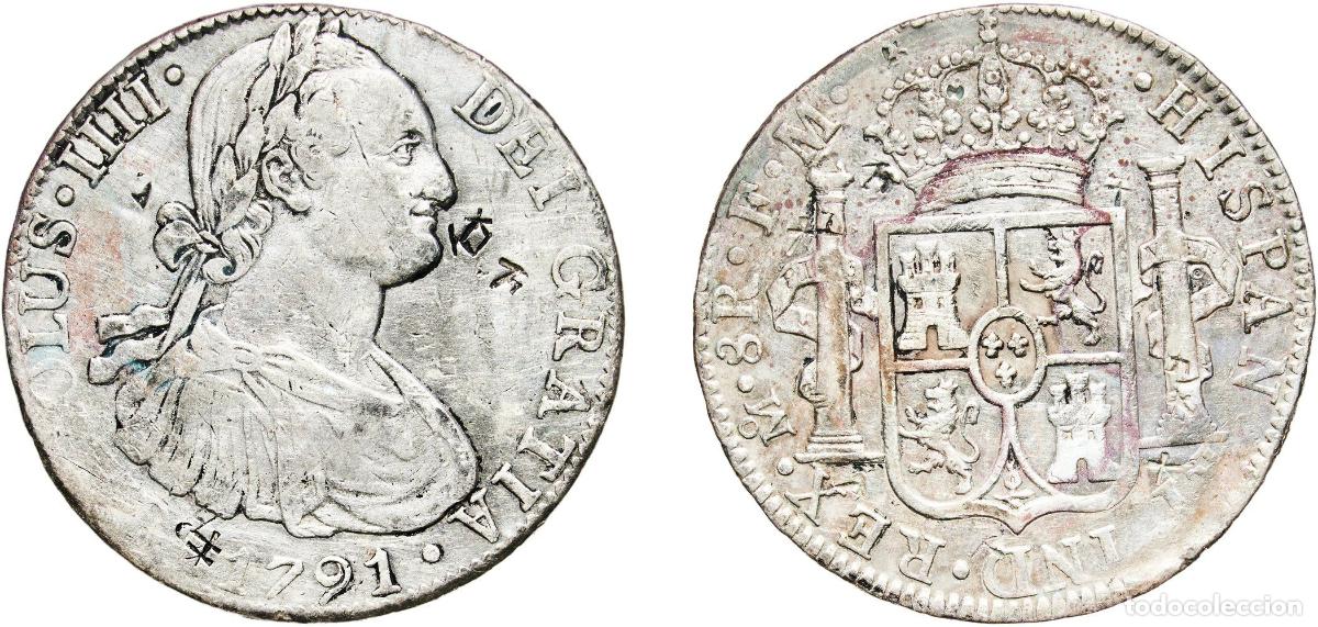 Monedas de Espa&ntilde;a: Mexico Spanish colony 1791 Mo FM 8 Reales - Carlos IV Silver (.896) Mexican Mint 26.85g VF Chopmark