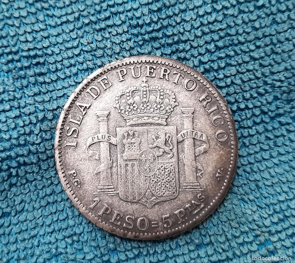 Moedas de Espanha: 1 Peso (5 Pesetas) 1895 PG.V. *18*95, Puerto Rico. Falsa de epoca