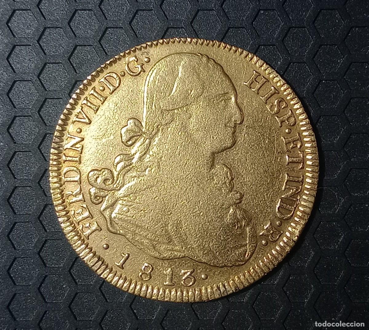 Monete da Spagna: FERNANDO VII - 8 ESCUDOS DE SANTIAGO DE CHILE - A&Ntilde;O 1813 - ESTUVO ENGARZADA - NEGOCIABLE -