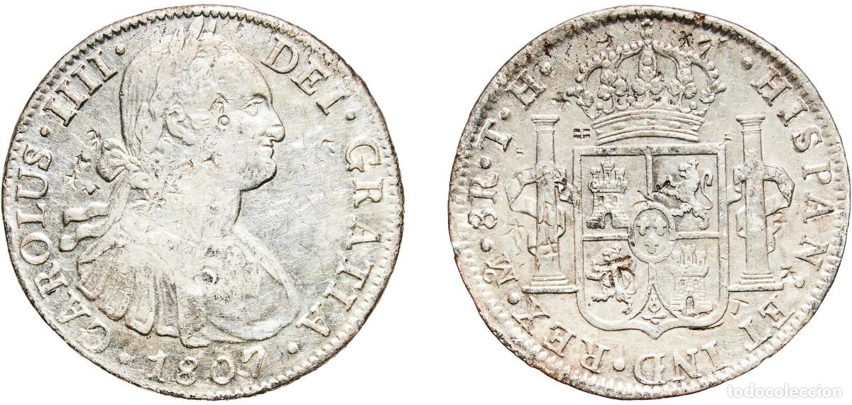 Coins of Spain: Mexico Spanish colony 1807 Mo TH 8 Reales - Carlos IV Silver (.896) Mexican Mint 26.71g XF KM 109