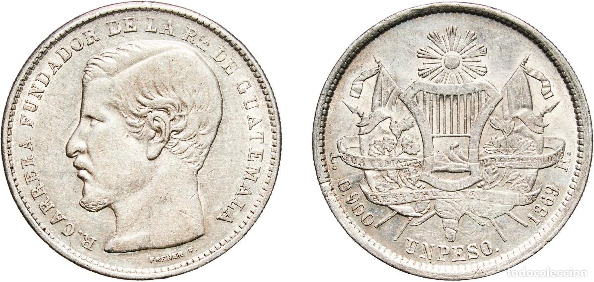 Coins of Spain: Guatemala Republic 1869 1 Peso (Rafael Carrera) With traces of luster Silver (.903) (Copper .097) C