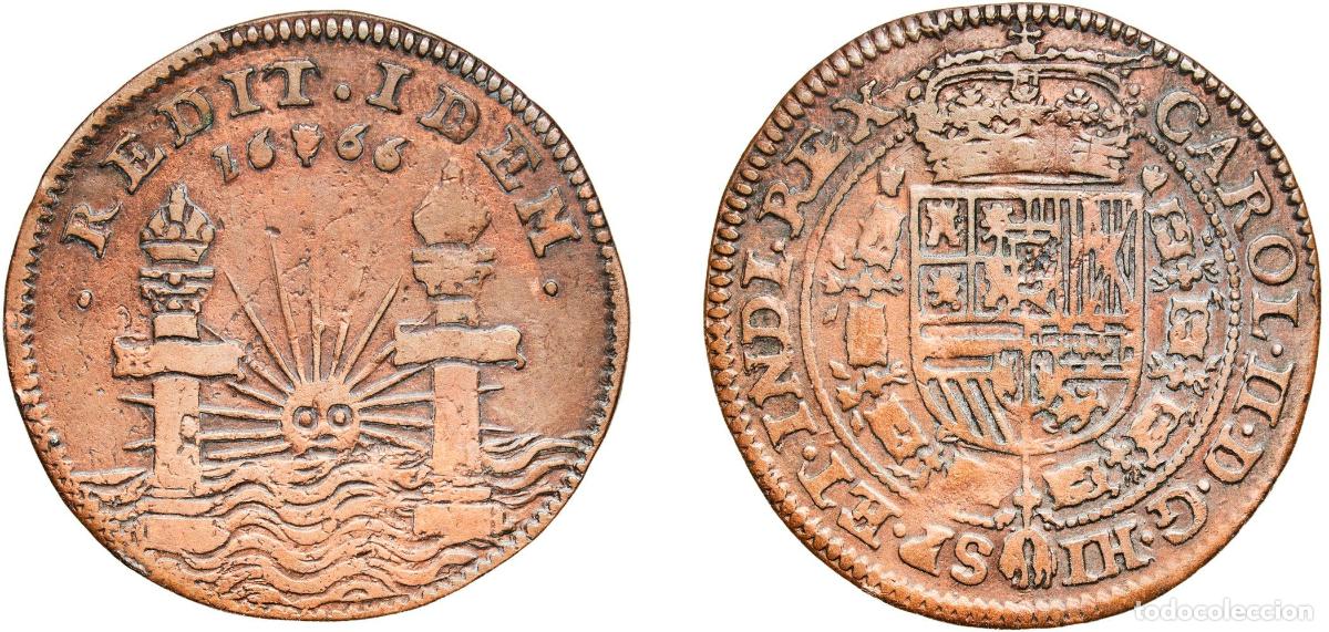 Coins of Spain: Spanish Netherlands 1666 Anvers Token - Charles II (Accession to the throne of Spain) Copper 5.73g