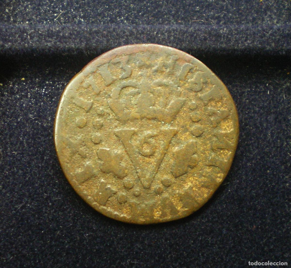 M&uuml;nzen von Spanien: FELIPE V - VALENCIA - SEISENO (6 DINEROS) 1713 - MUY RARA