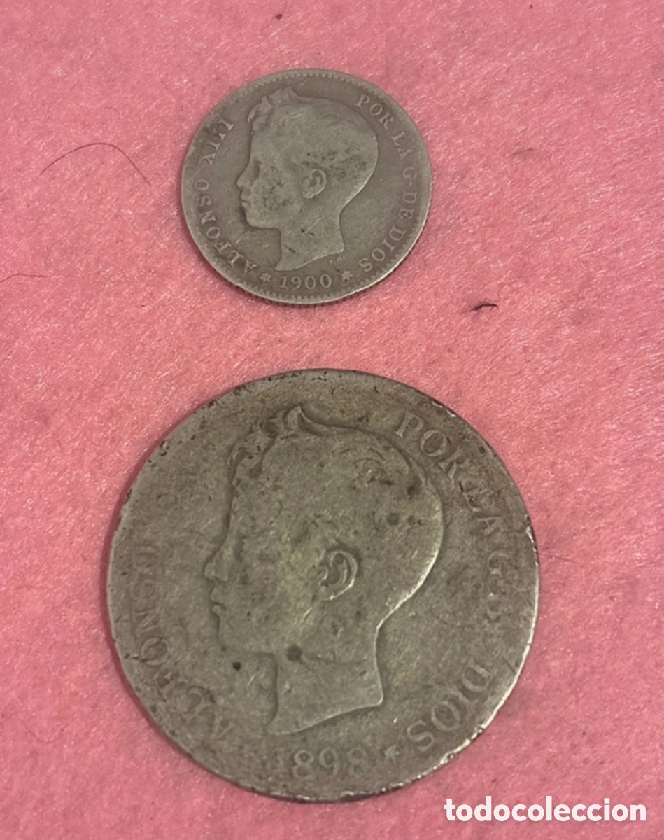 M&uuml;nzen von Spanien: SALIDA 1 C&Eacute;NTIMO, Lote 5 pesetas y 1 peseta plata Alfonso XIII