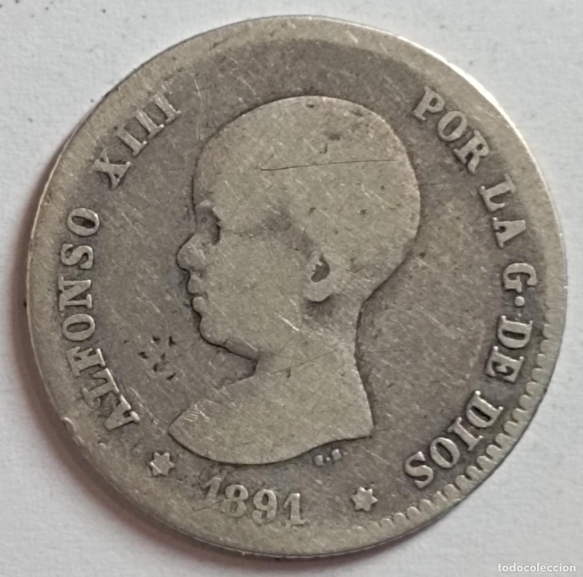 Monedas de Espa&ntilde;a: Moneda 1 peseta de Alfonso XIII de 1891 de plata