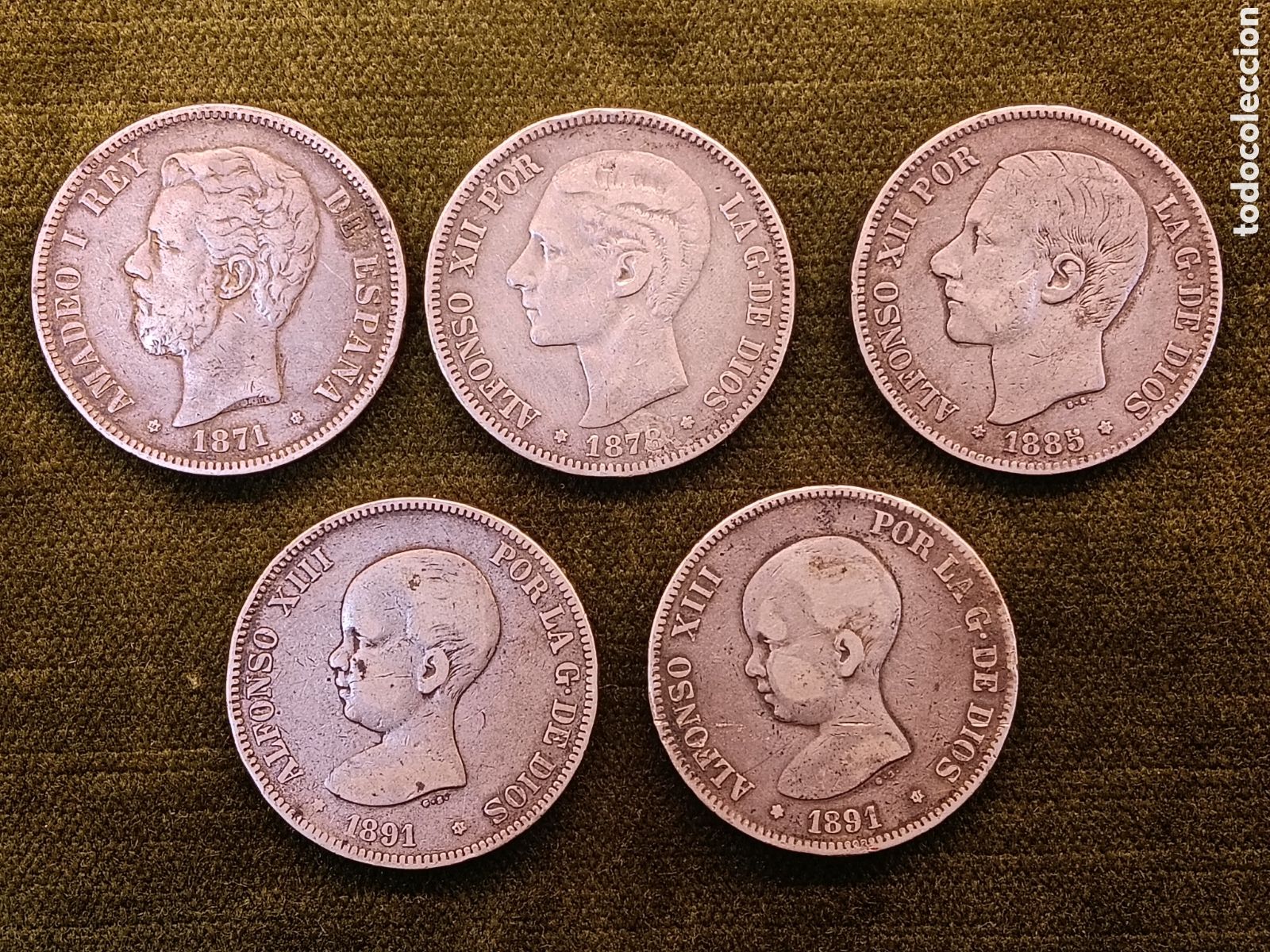 Monedas de Espa&ntilde;a: LOTE DE 5 MONEDAS 5 PESETAS DE PLATA . AMADEO I , ALFONSO XII Y XIII
