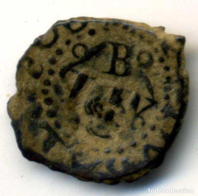 Moedas de Espanha: XS- BANYOLES (1605) Felip II (I) Diner contramarca CAP DE MONJO