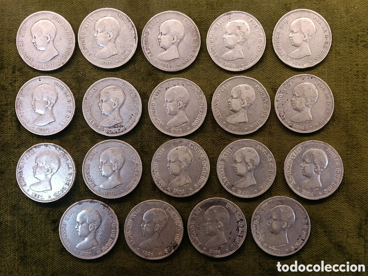 Coins of Spain: GRAN LOTE DE 19 MONEDAS 5 PESETAS DE PLATA . ALFONSO XIII. A&Ntilde;O 1891 .