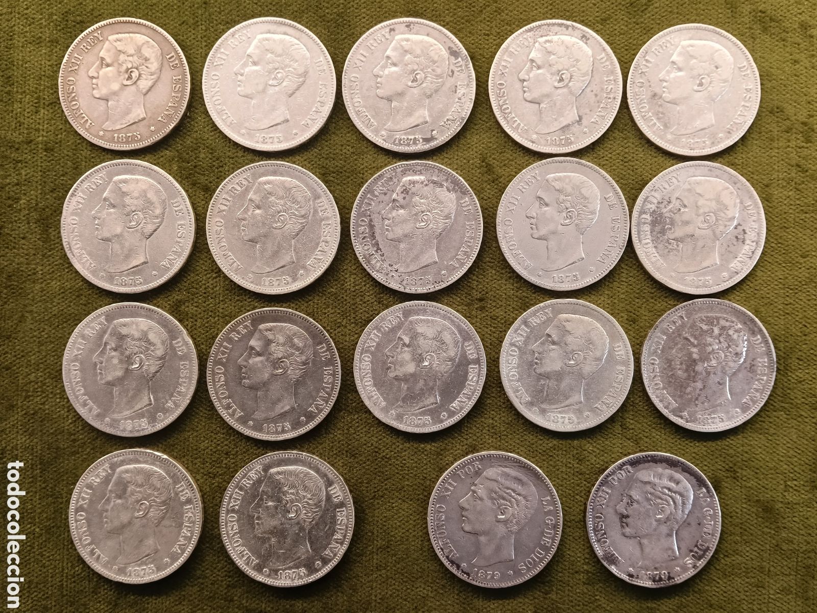 Monedas de Espa&ntilde;a: GRAN LOTE DE 19 MONEDAS 5 PESETAS DE PLATA . ALFONSO XII. A&Ntilde;O 1875 17 PIEZAS 1979 2 PIEZAS