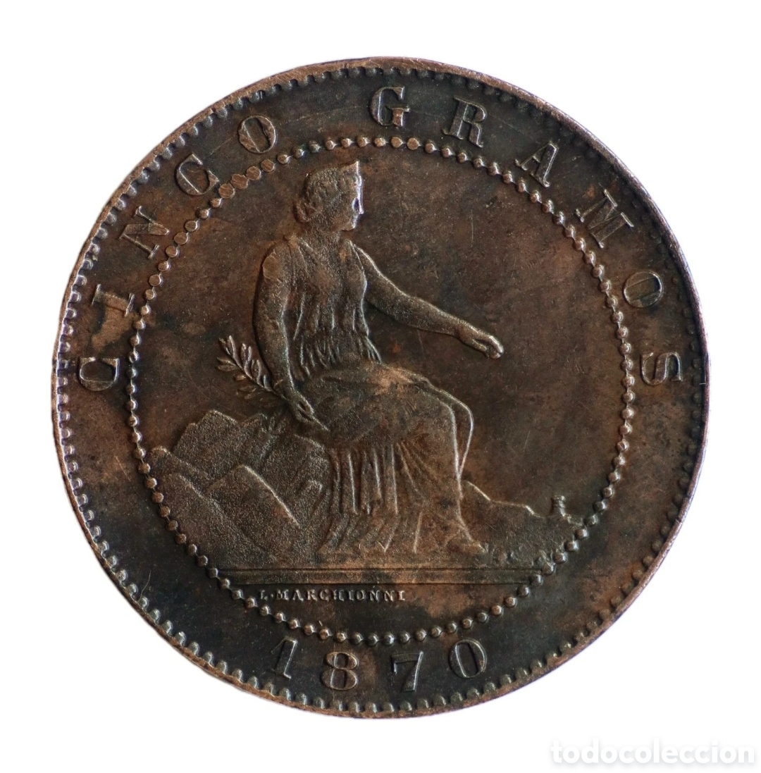 M&uuml;nzen von Spanien: 5 C&Eacute;NTIMOS GOBIERNO PROVISIONAL 1870 EBC / SC. PARTE BRILLO ORIGINAL