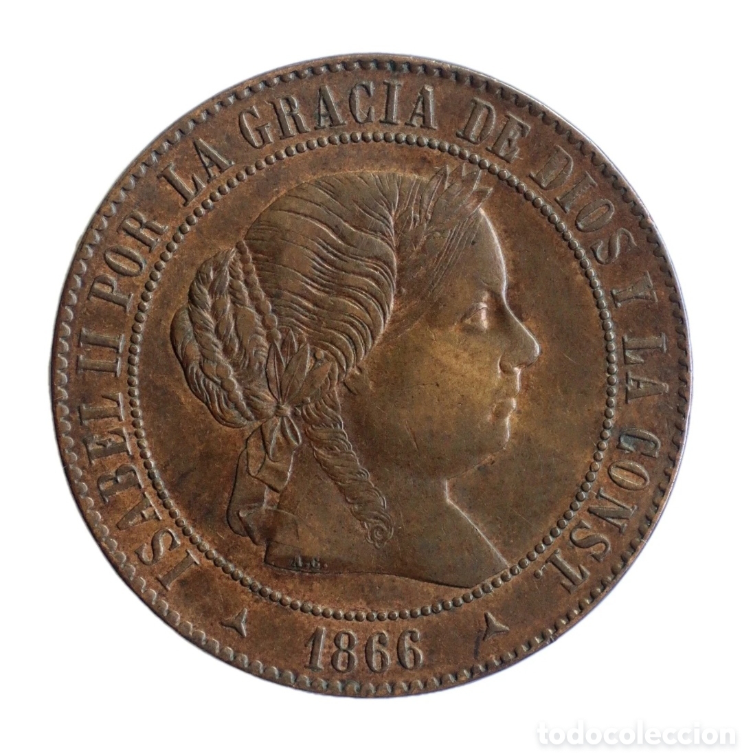 M&uuml;nzen von Spanien: 5 C&Eacute;NTIMOS DE ESCUDO 1866 ISABEL II SEGOVIA EBC/ SC. PARTE DE BRILLO ORIGINAL