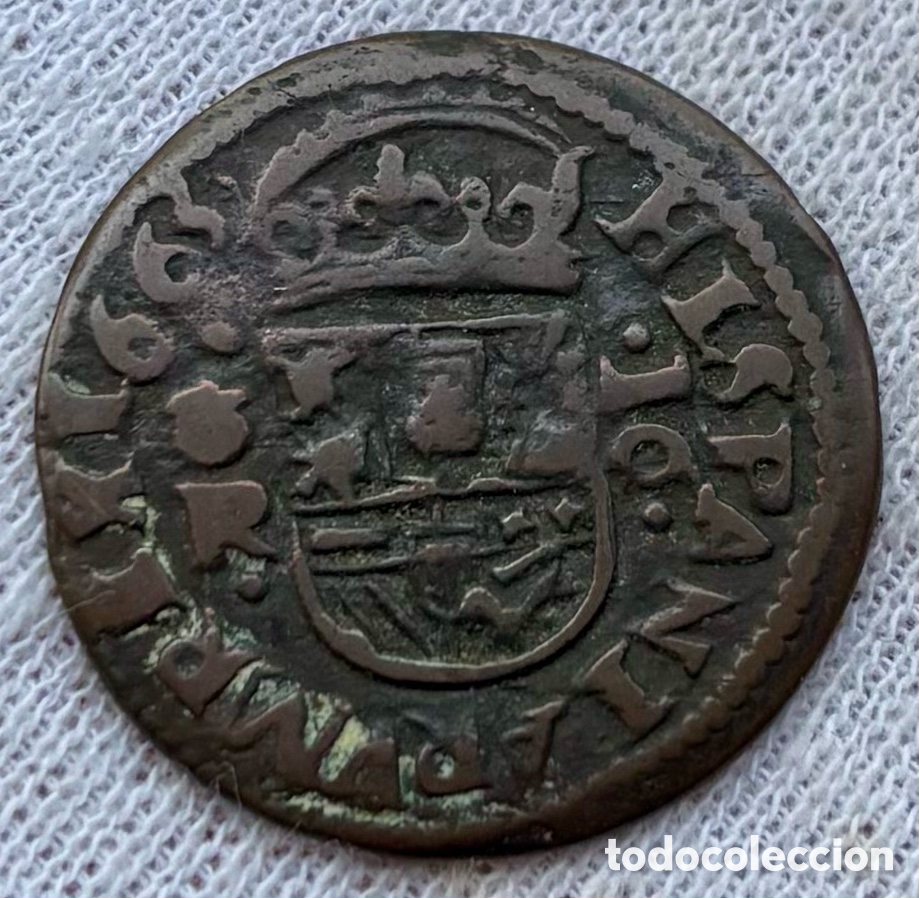 Monedas de Espa&ntilde;a: Moneda 16 Maravedis 1663 Coru&ntilde;a. FELIPE IV - Foto 2