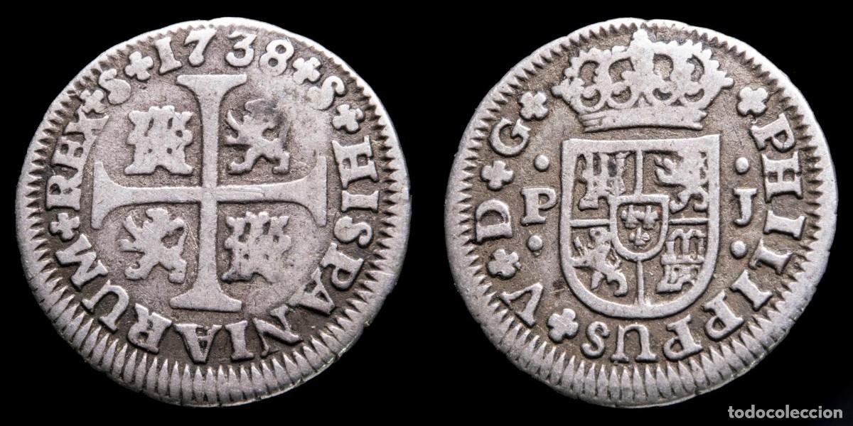 Moedas de Espanha: 1738, 1/2 Silver Real Philips V, Sevilla Mint (Assayed PJ) - 15 mm / 1,29 gr.