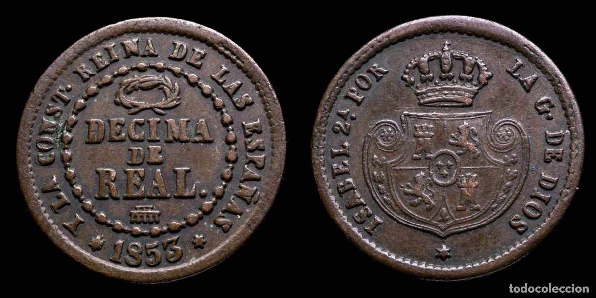 Moedas de Espanha: 1853, Decima de Real Isabella II, Segovia Mint - 19 mm / 3,85 gr.