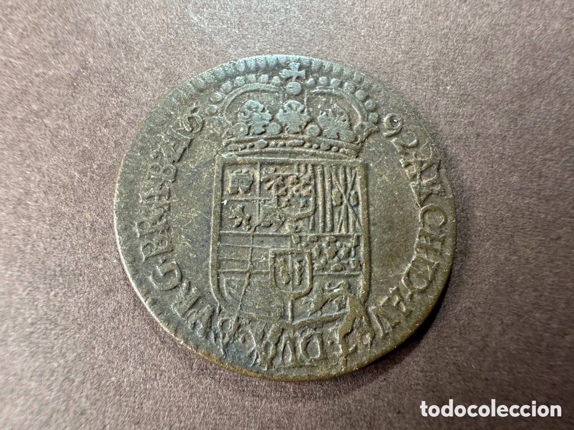 Coins of Spain: Moneda 1 liard 1692 Pa&iacute;ses Bajos espa&ntilde;oles