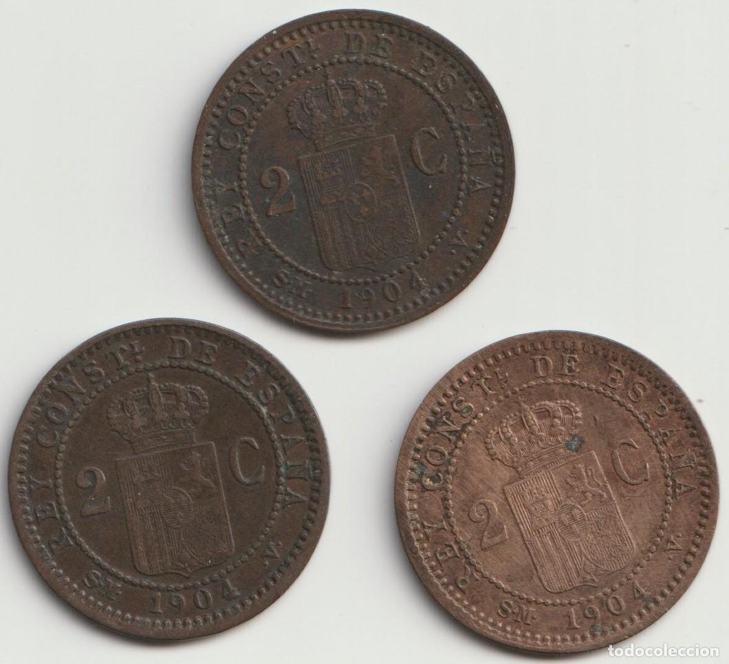 Monedas de Espa&ntilde;a: Espa&ntilde;a. Lote de 3 monedas de 2 C&eacute;ntimos 1904 SMV