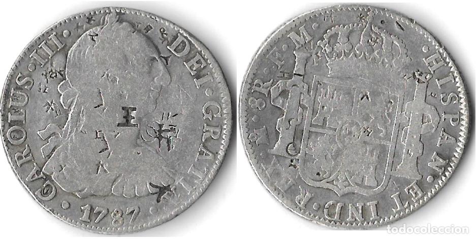 Monedas de Espa&ntilde;a: ESPA&Ntilde;A- REINADO DE CARLOS III 8 REALES DE PLATA, A&Ntilde;O 1787 CON RESELLOS FM . CECA MEXICO (MBC)