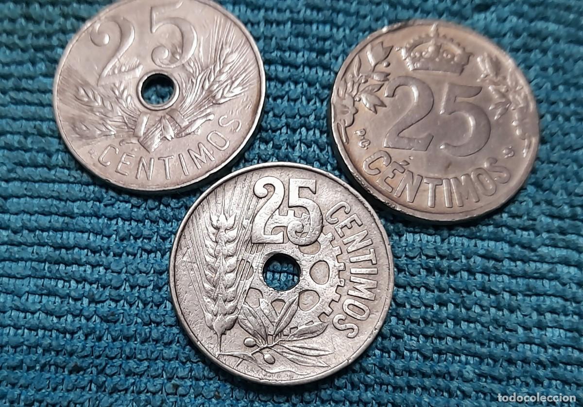 Monedas de Espa&ntilde;a: 3 monedas de 25 Centimos 1925, 27 y 34