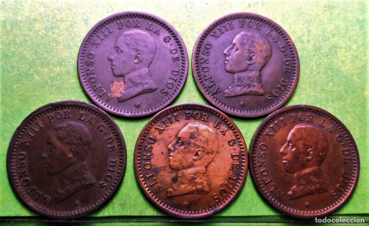 Monedas de Espa&ntilde;a: Lote de 5 monedas,ALFONSO XIII, 2 centimos, 1911 *11, Cu