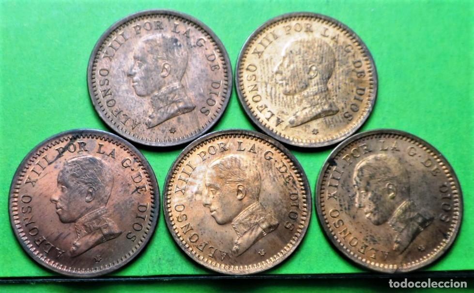 Monedas de Espa&ntilde;a: Lote de 5 monedas,ALFONSO XIII, 2 centimos, 1912 *12, SC- Brillo original.