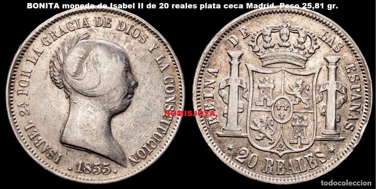 Monedas de Espa&ntilde;a: Espa&ntilde;a moneda de Isabel II 20 Reales plata a&ntilde;o 1855 de MADRID. Peso 25,81 gr. AUTENTICA.