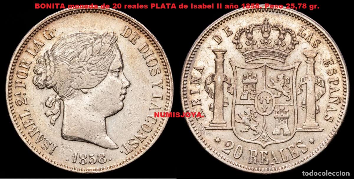 Monedas de Espa&ntilde;a: Espa&ntilde;a Isabel II moneda de 20 Reales plata a&ntilde;o 1858 de MADRID. Peso 25,78 gr. BONITA. AUTENTICA.
