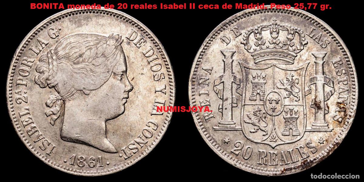 Monedas de Espa&ntilde;a: Espa&ntilde;a Isabel II AUTENTICA moneda de 20 Reales plata a&ntilde;o 1861 de MADRID. Peso 25,74 gr. BONITA.