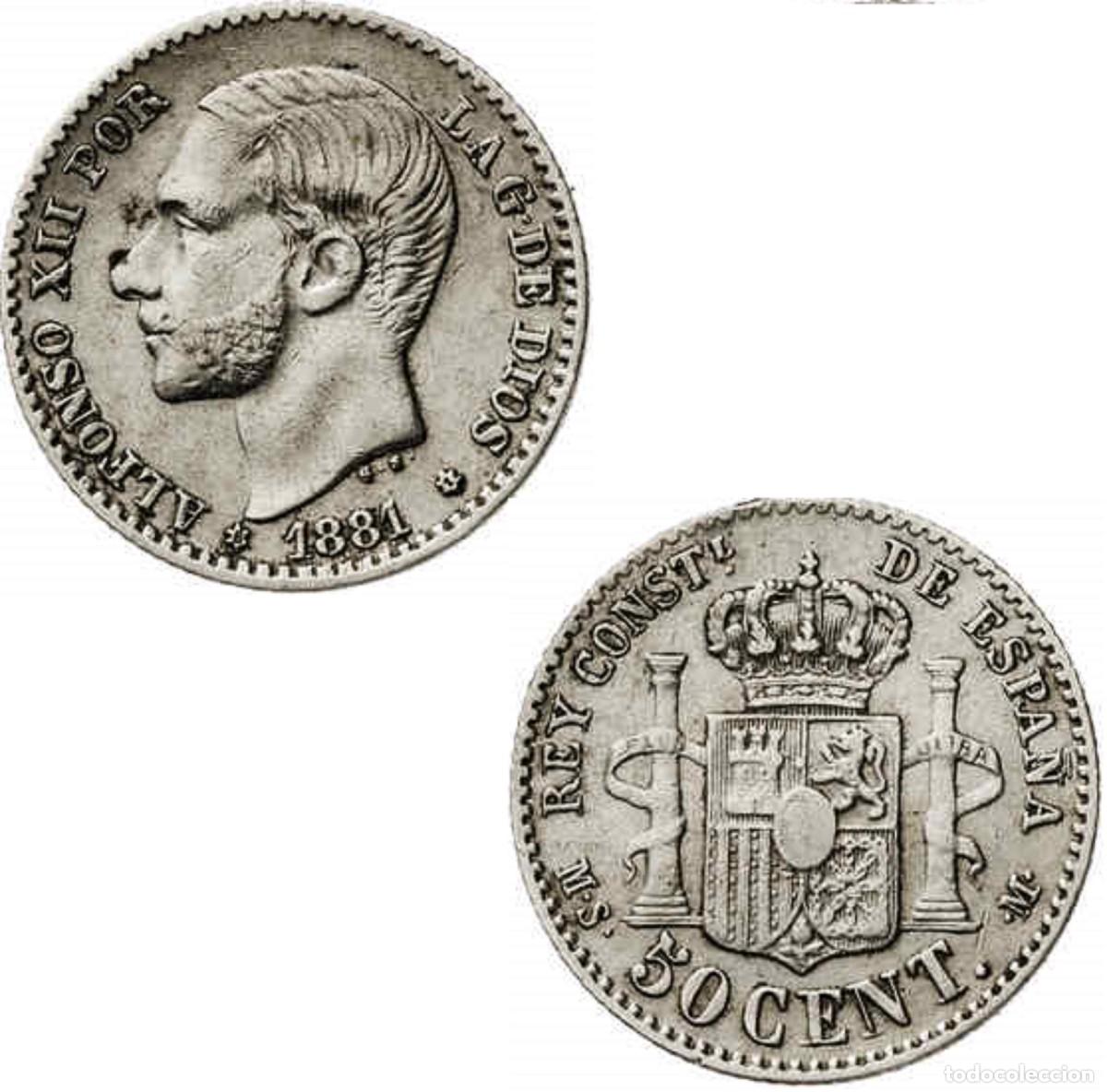 Monedas de Espa&ntilde;a: *GUTSE*348-ALFONSO XII, 50 C&Eacute;NTIMOS 1881*8-1, MADRID MS M, EBC+/EBC-.