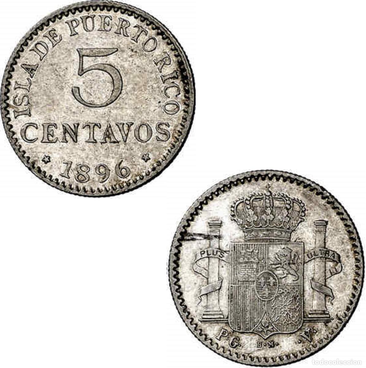 Monedas de Espa&ntilde;a: *GUTSE*765-ALFONSO XIII, 5 CENTAVOS PESO 1896, PUERTO RICO, EBC+, ESCASA.