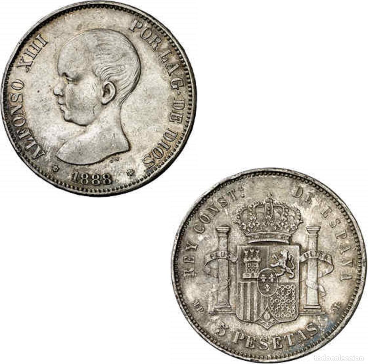 Monedas de Espa&ntilde;a: *GUTSE*766-ALFONSO XIII, 5 PESETAS 1888*18-88, MADRID MP M, PLATA, EBC-.