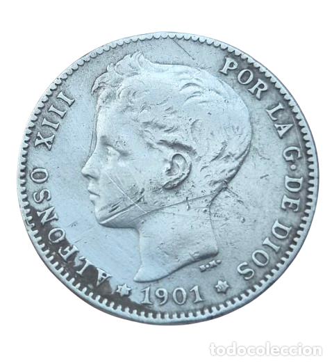 Monedas de Espa&ntilde;a: ALFONSO XIII 1 PESETA S.M.V. 1901 PLATA. Marcas en anverso y reverso