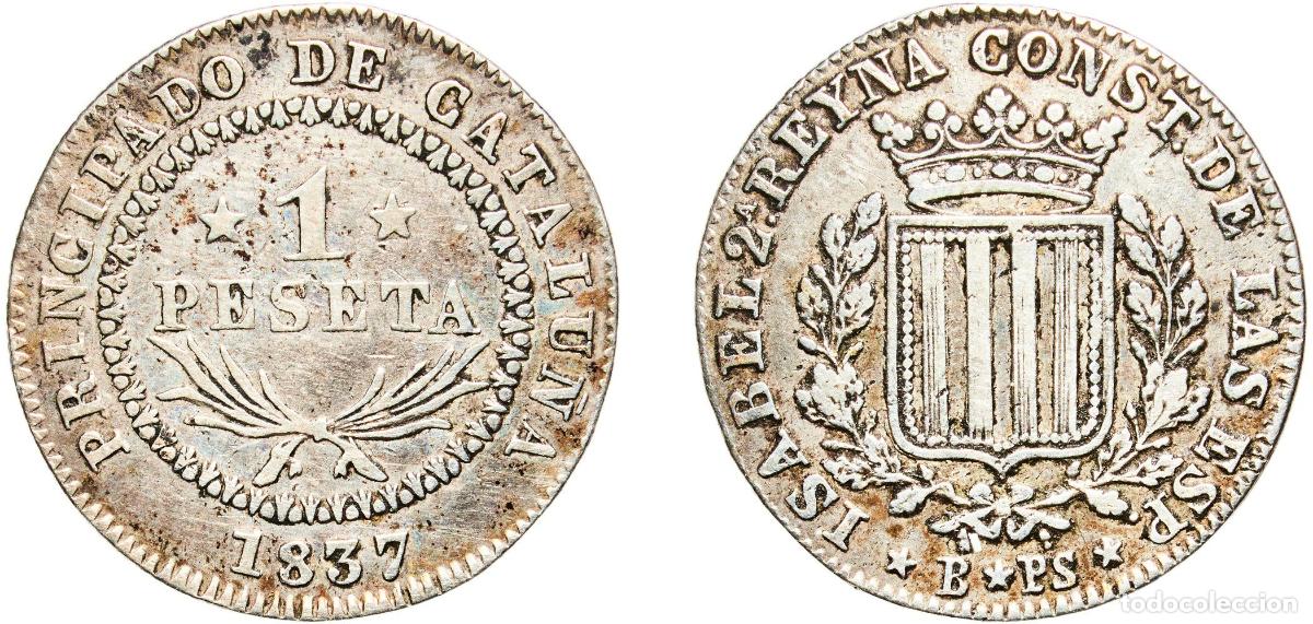 Monedas de Espa&ntilde;a: Spain Principality of Catalonia Spanish states 1837 BPS 1 Peseta (Edge reeded) Silver (.812) Barcel
